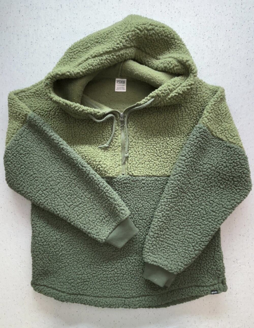 PINK Victoria's Secret Sherpa Hoodie Size S Green Colorblock Quarter Zip